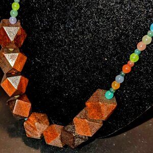 New chunky wood and colorful glass beads long necklace